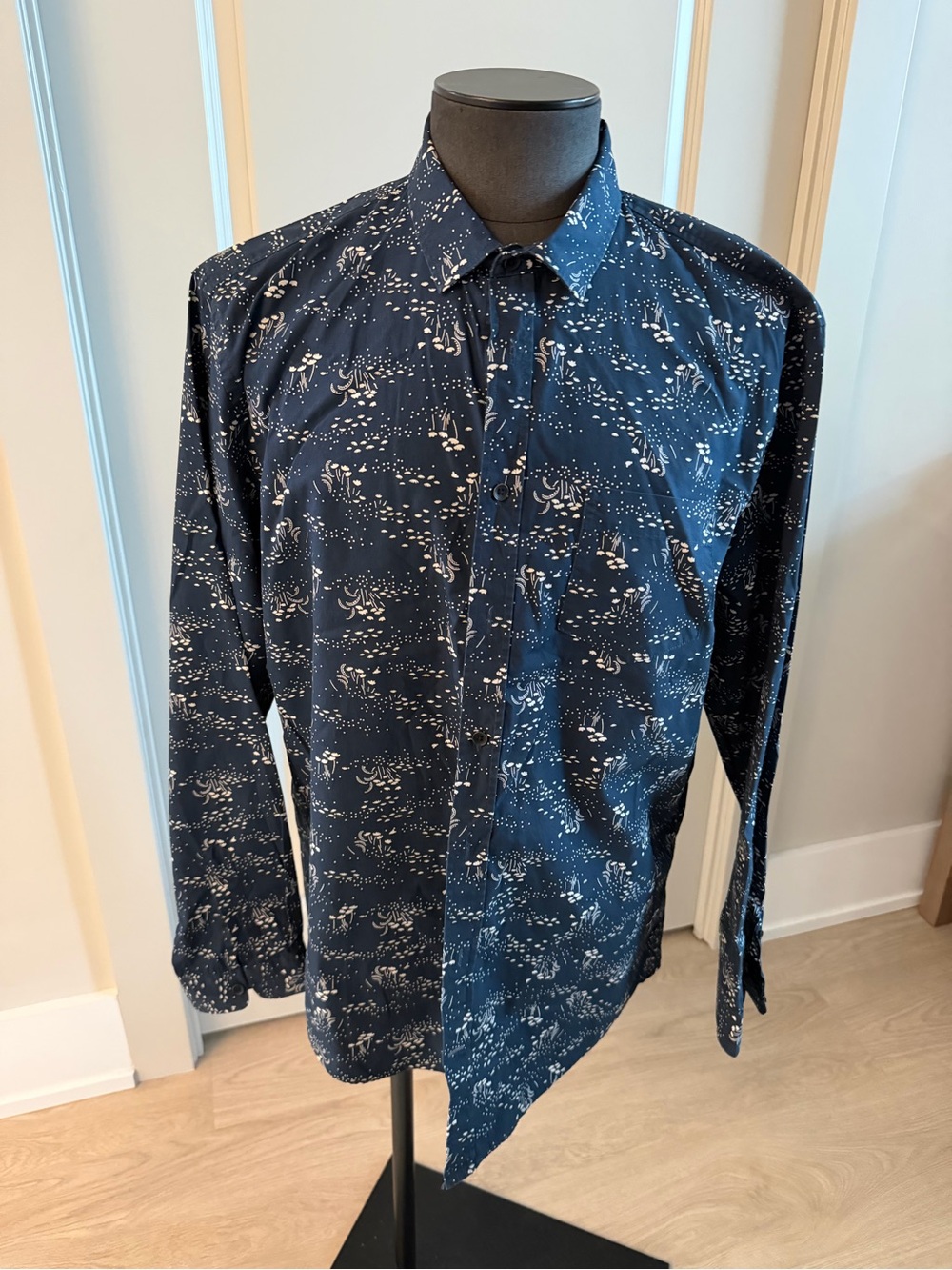 Frank & Oak Navy Shirt with White Abstract Print